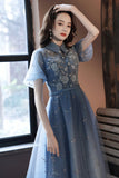 Blue Tulle Lace Short Prom Dresses, A-Line Homecoming Dresses HZ0429