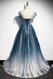 Blue Tulle Long Prom Dresses, A-Line Formal Evening Dresses HZ0429
