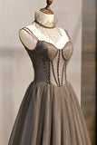 Gray Tulle Spaghetti Strap Long Prom Dresses, A-Line Evening Dresses HZ0429