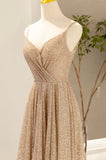 Gold V-Neck Sequins Long Prom Dress, A-Line Evening Party Dress HZ0429
