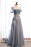 Gray Blue Tulle Long A-Line Prom Dress, Cute Short Sleeve Evening Dress HZ0429