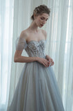 Gray Tulle Beaded Long Prom Dress, A-Line Off the Shoulder Evening Dress HZ0429