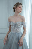 Gray Tulle Beaded Long Prom Dress, A-Line Off the Shoulder Evening Dress HZ0429