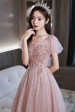 Pink Tulle Sequins Long Prom Dress, A-Line Short Sleeve Evening Dress HZ0429