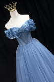 Blue Tulle Beaded Long Prom Dress, Elegant A-Line Blue Evening Dress HZ0429