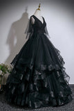 Black Layered Tulle Floor Length Prom Dress, A-Line V-Neck Party Dress HZ0429