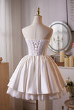 Ivory Satin Lace Knee Length Party Dress, A-Line Strapless Homecoming Dress HZ0429