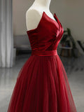 Burgundy V-Neck Satin Tulle Long Prom Dress, A-Line Strapless Evening Party Dress HZ0429