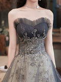 Gray Tulle Sequins Long Prom Dress, Lovely A-Line Evening Party Dress HZ0429