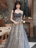 Gray Tulle Sequins Long Prom Dress, Lovely A-Line Evening Party Dress HZ0429