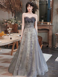 Gray Tulle Sequins Long Prom Dress, Lovely A-Line Evening Party Dress HZ0429