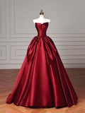 Burgundy Satin Long Prom Dress, A-Line Strapless Evening Party Dress HZ0429