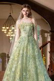 Green Strapless Tulle Long Prom Dress, Beautiful A-line Evening Party Dress HZ0429