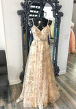 Champagne V-Neck Sequins Long Prom Dresses, A-Line Evening Dresses HZ0429