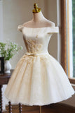 Lovely Knee Length Tulle Party Dress, Champagne Off the Shoulder Homecoming Dress HZ0429