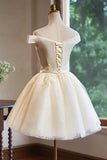 Lovely Knee Length Tulle Party Dress, Champagne Off the Shoulder Homecoming Dress HZ0429