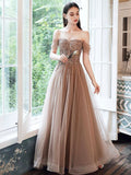 Off Shoulder Tulle Sequins Long Prom Dress, A-Line Formal Dress HZ0429