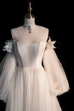Champagne Tulle Long Sleeve Prom Dress, Off the Shoulder Evening Dress HZ0429