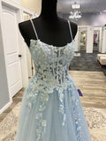 Blue Spaghetti Strap Tulle Long Prom Dress with Lace, A-Line Evening Party Dress HZ0429
