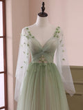 Light Green Tulle Long Sleeve Prom Dress, Green Gradient Floor Length Evening Dress HZ0429