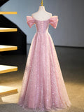 Sparkly Off-Shoulder Sequins Floor Length Formal Dress, Beautiful Pink Prom Dress HZ0429