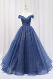 Blue Off the Shoulder Long Party Dress Evening Gown, Blue Junior Prom Dress HZ0429