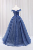 Blue Off the Shoulder Long Party Dress Evening Gown, Blue Junior Prom Dress HZ0429