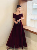 Burgundy V-Neck Velvet Long Prom Dress, Off Shoulder Evening Party Dress HZ0429