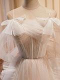 Champagne Tulle Long Prom Dress, A-Line Evening Dress with Bow HZ0429