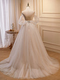 Champagne Tulle Long Prom Dress, A-Line Evening Dress with Bow HZ0429
