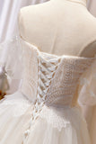 Champagne Lace Long A-line Prom Dress, Off the Shoulder Evening Dress HZ0429