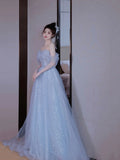 Blue Tulle Sequins Long Prom Dresses, Beautiful Off Shoulder Blue Evening Dresses HZ0429