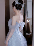 Blue Tulle Sequins Long Prom Dresses, Beautiful Off Shoulder Blue Evening Dresses HZ0429