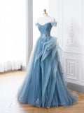 Blue Tulle Lace Long Formal Dress, A-Line Blue Evening Prom Dress HZ0429