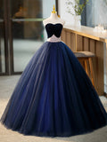 Blue Tulle Long Formal Dress with Velvet, Blue Sweetheart Neck Prom Dress HZ0429
