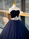 Blue Tulle Long Formal Dress with Velvet, Blue Sweetheart Neck Prom Dress HZ0429