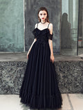 Black Spaghetti Strap Tulle Floor Length Formal Dress, A-Line Black Party Dress with Lace HZ0429