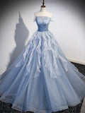 Blue Strapless Tulle Long Prom Dress, Chic A-Line Formal Dress with Long Sleeves HZ0429