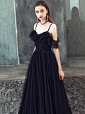 Black Spaghetti Strap Tulle Floor Length Formal Dress, A-Line Black Party Dress with Lace HZ0429