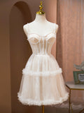 Champagne Spaghetti Strap Party Dress, Cute A-Line Evening Dress with Pearls HZ0429