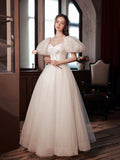 White Tulle Long Formal Dress, Beautiful A-Line Puff Sleeve Evening Dress HZ0429