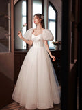 White Tulle Long Formal Dress, Beautiful A-Line Puff Sleeve Evening Dress HZ0429