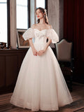 White Tulle Long Formal Dress, Beautiful A-Line Puff Sleeve Evening Dress HZ0429