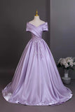 Elegant Lilac Off the Shoulder Satin Prom Dress with Beaded Embellishment HZ0429