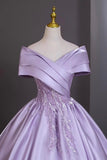 Elegant Lilac Off the Shoulder Satin Prom Dress with Beaded Embellishment HZ0429