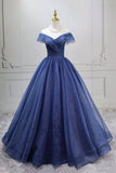 Off Shoulder Navy Blue Sparkly Tulle Prom Gown Princess Ball Gown HZ0429