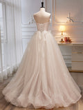 Spaghetti Strap Tulle Champagne Long Prom Dress, Champagne Evening Party Dress HZ0429
