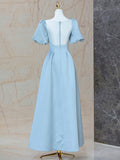 Blue Satin Pearl Long Prom Dress, A-Line Blue Evening Party Dress HZ0429