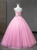 Pink Tulle Flower Long Prom Dresses, Lovely Spaghetti Formal Dresses Sweet 16 Dresses HZ0429
