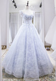 Light Blue Tulle Lace Long Prom Dress, A-Line Graduation Dress HZ0429